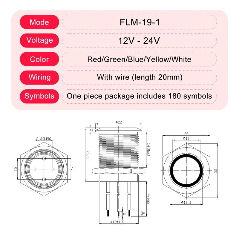 FILN Metal Push Button Switches for for Automotive Boat Marine Truck Car Switch 2Pcs 19MM 3/4" in Red Green Yellow Blue White 12V 24V LED IP67 Waterproof with Momentary or Latching