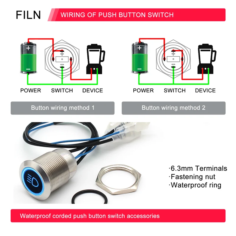 FILN Metal Push Button Switches for for Automotive Boat Marine Truck Car Switch 2Pcs 19MM 3/4" in Red Green Yellow Blue White 12V 24V LED IP67 Waterproof with Momentary or Latching