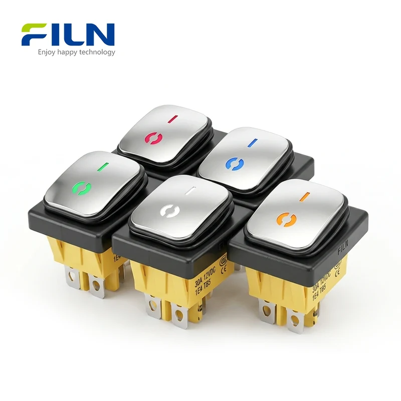 Stainless Steel Lighted Rocker Switches 30x22mm 4-Pin KCD4 15A Current FILN Factory