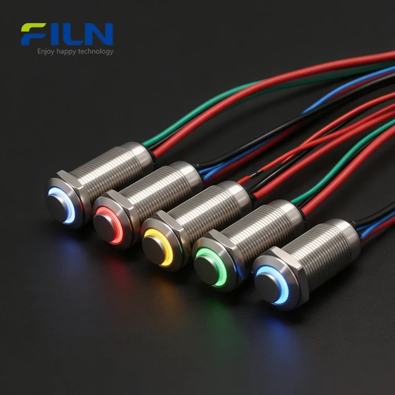 12mm Stainless Steel Push Button Motorcycle Switch LED Ring Momentary Latching 12-220V FILN