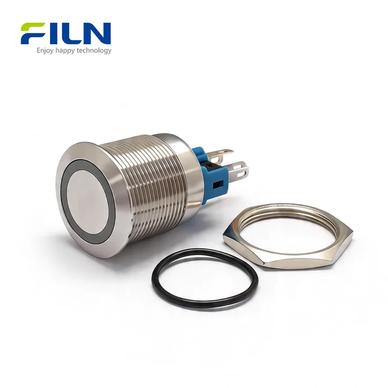 Button Push Switch 22mm Stainless Steel 12V-220V Ring LED 6-Pin Terminal | FILN