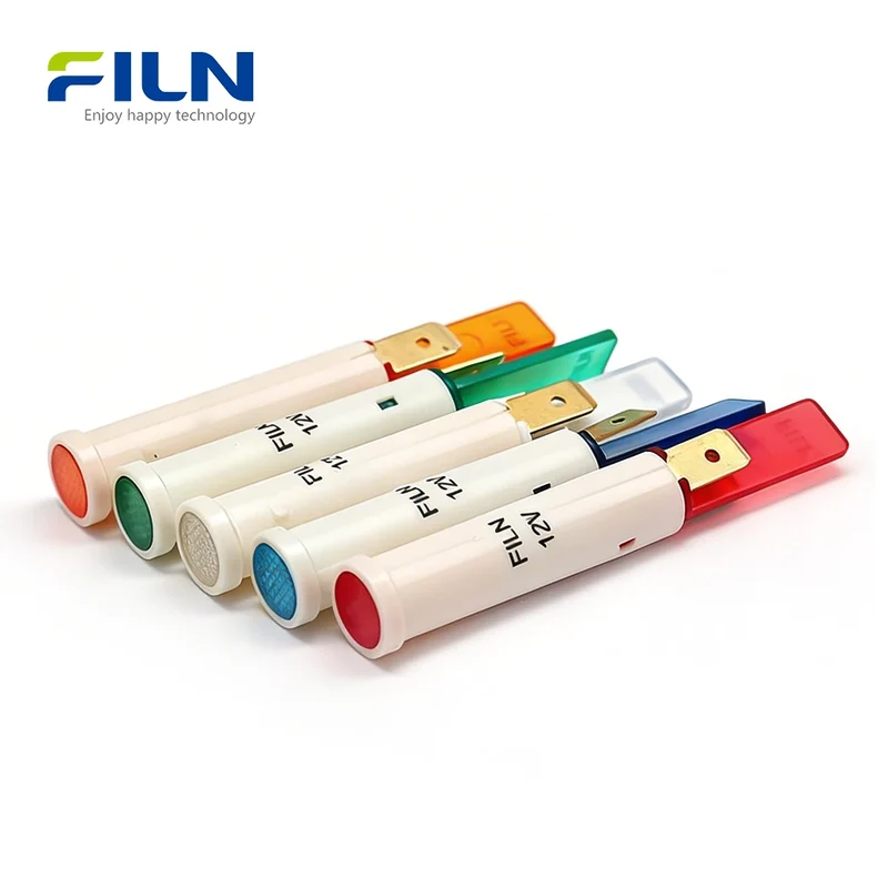 LED Indicator Light 12V 8mm Plastic PA66 Flat Top 2-Pin Snap-in Panel Mount FILN