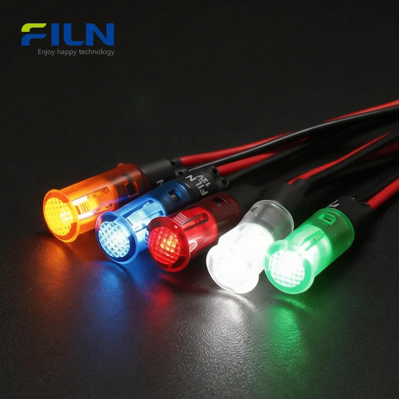 Plastic Signal Light 8mm 12V 220V Wire Lead Snap-in Panel Mount FILN