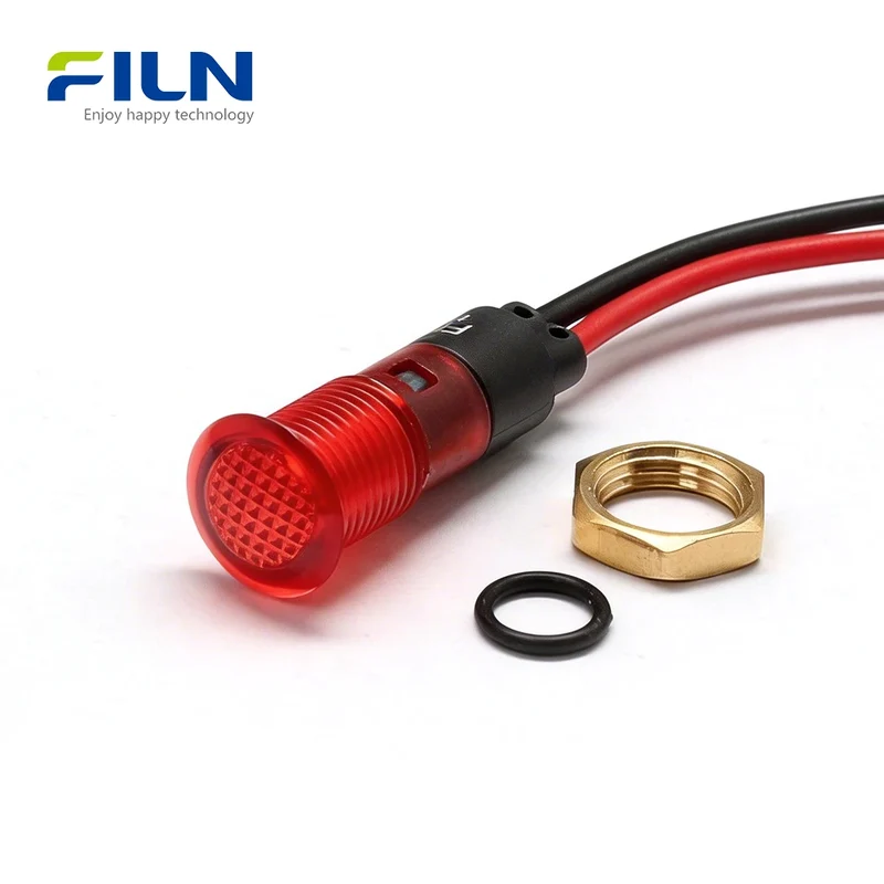 Pilot Indicator LED 8mm Plastic PA66 220V 12V Pre-wired 15cm Lead Threaded Panel Mount FILN