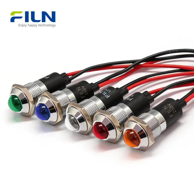 LED Indicator Light 120V 14mm Metal High Head Pre-wired for Panel Mount FILN