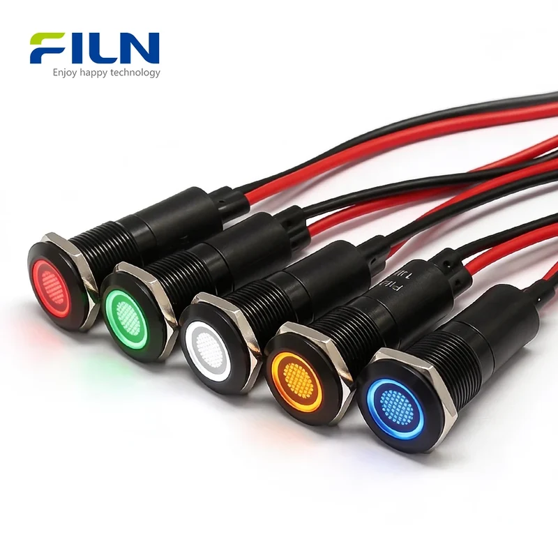 12V LED Indicator Lights 12mm IP67 Waterproof Metal Flat Head Signal Lamp for CNC & Marine FILN
