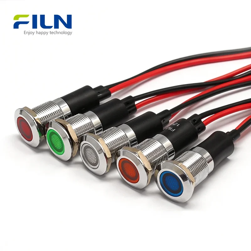 12V LED Indicator Lights 12mm IP67 Waterproof Metal Flat Head Signal Lamp for CNC & Marine FILN