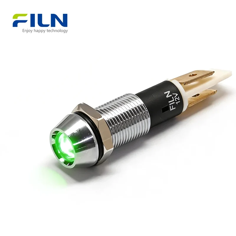 12 Volt DC Indicator Lights 10mm IP67 Waterproof Metal LED Panel Mount FILN