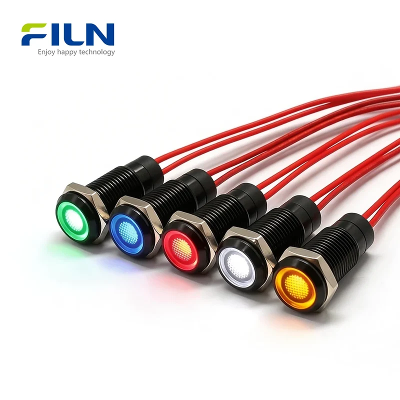 8mm LED Indicator Light Metal Flat Head Wire length 15 cm Industrial 3-220V FILN