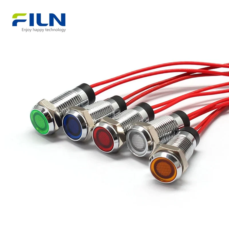 8mm LED Indicator Light Metal Flat Head Wire length 15 cm Industrial 3-220V FILN