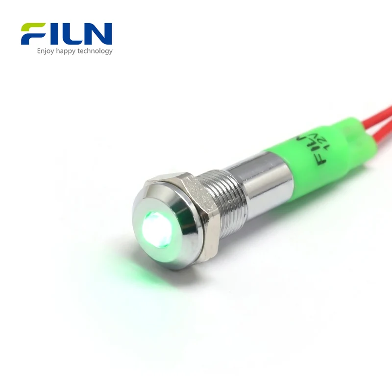 FILN 6MM Green Indicator Light Convex Head Metal Signal Pilot Lamp with 20cm Cable