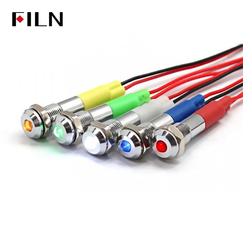 FILN 6MM Green Indicator Light Convex Head Metal Signal Pilot Lamp with 20cm Cable