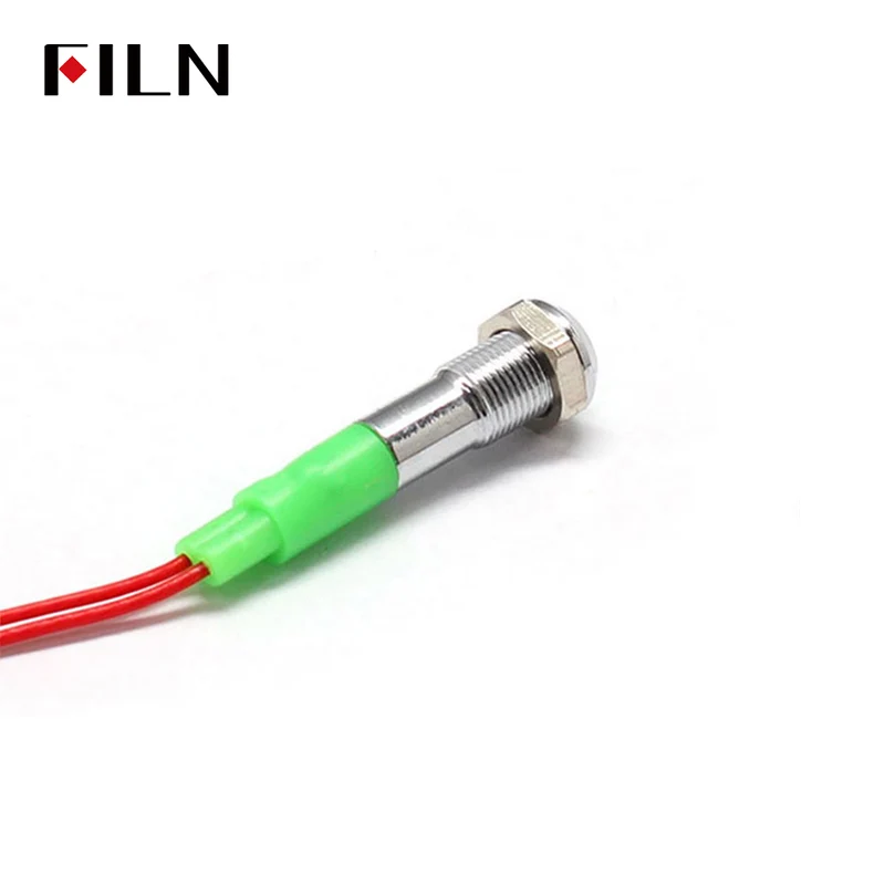 FILN 6MM Green Indicator Light Convex Head Metal Signal Pilot Lamp with 20cm Cable