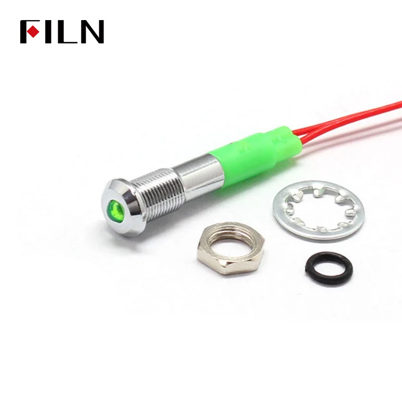 FILN 6MM Green Indicator Light Convex Head Metal Signal Pilot Lamp with 20cm Cable