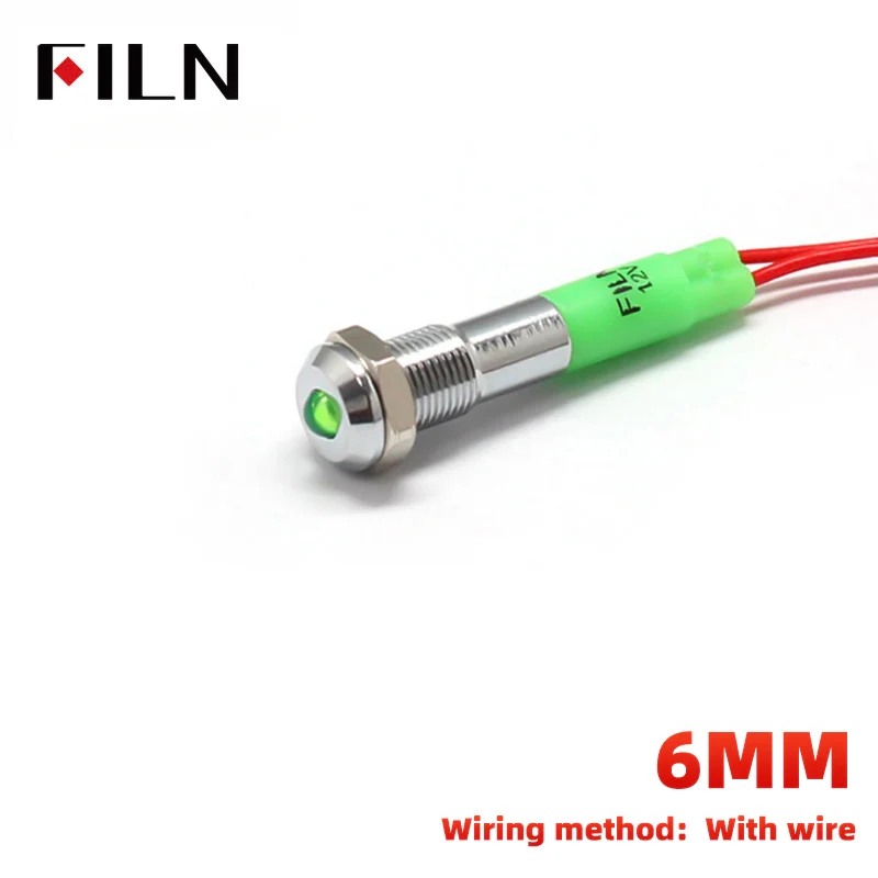 FILN 6MM Green Indicator Light Convex Head Metal Signal Pilot Lamp with 20cm Cable