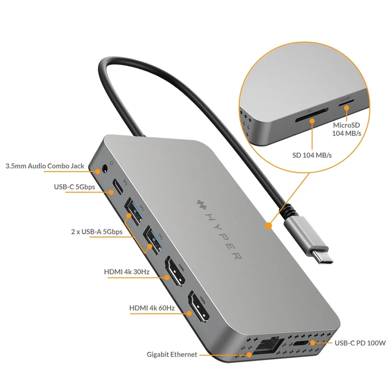 HyperDrive Dual 4K HDMI 10-in-1 USB-C Hub For M1/M2/M3 MacBooks - Silver
