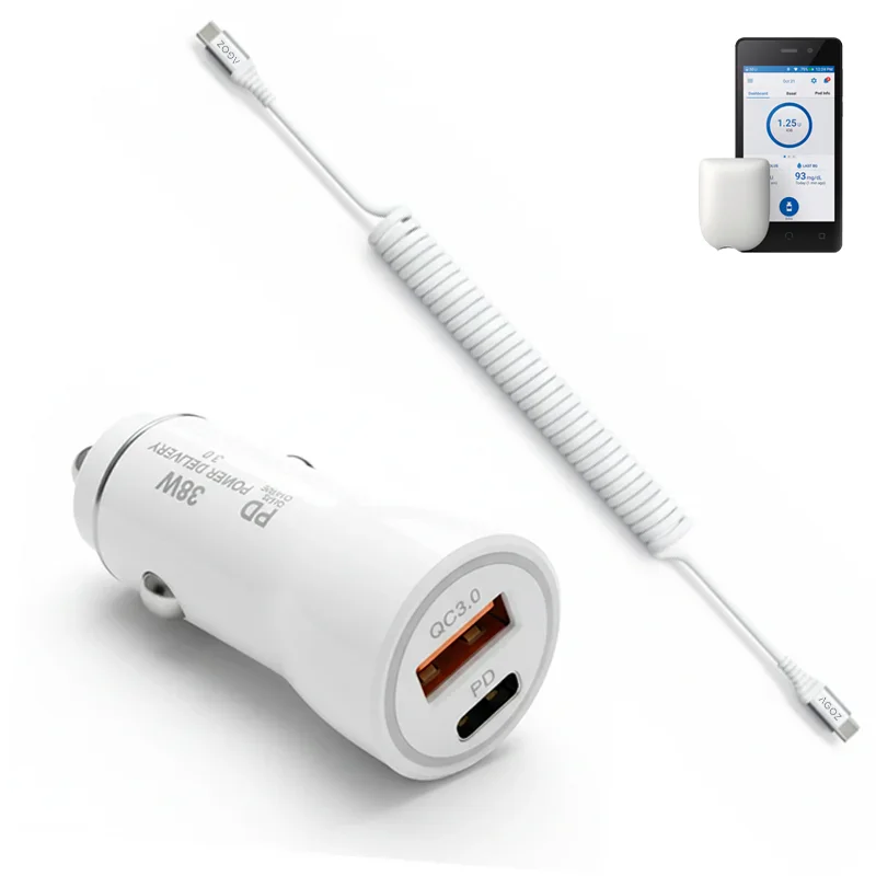38W Fast Car Charger & USB-C Coiled Cable for Omnipod 5