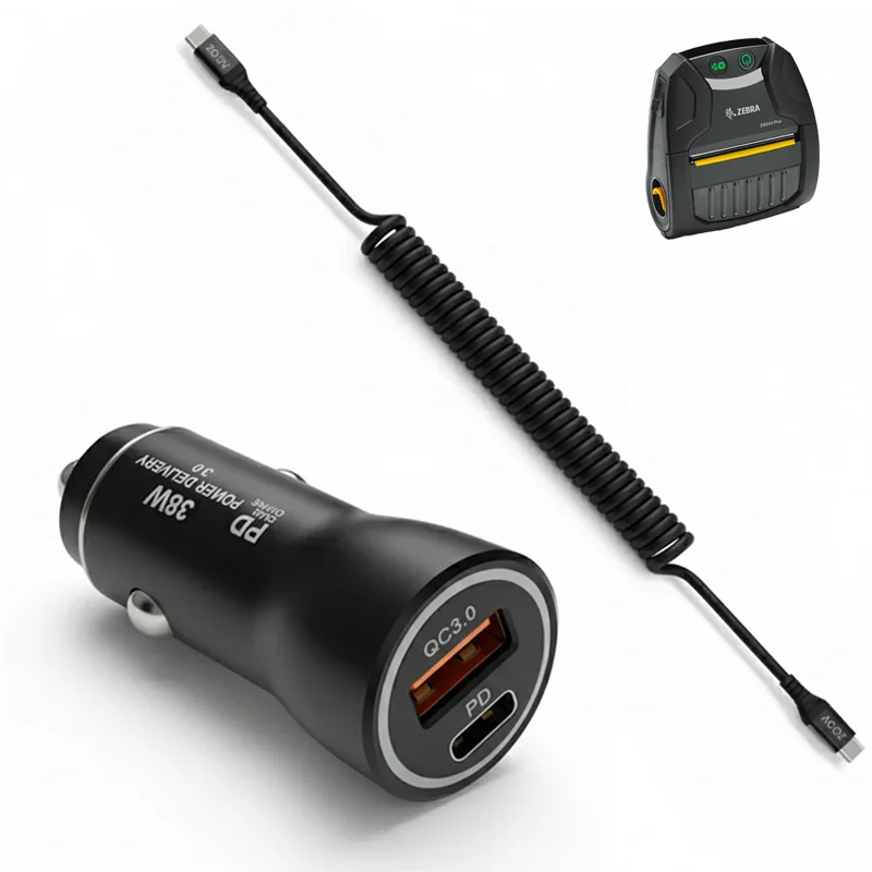 38W Fast Car Charger & USB-C Coiled Cable for Zebra Mobile Printers