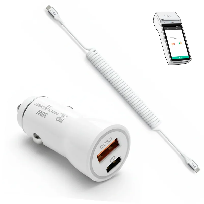 38W Fast Car Charger and USB-C Coiled Cable for Valor Paytech Mobile POS