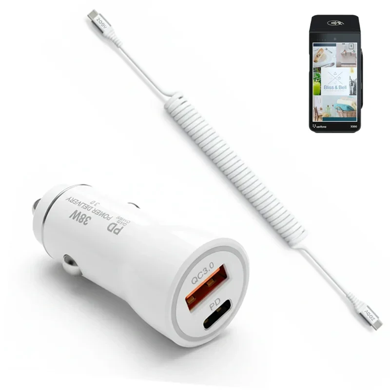 38W Fast Car Charger and USB-C Coiled Cable for Verifone Handheld POS