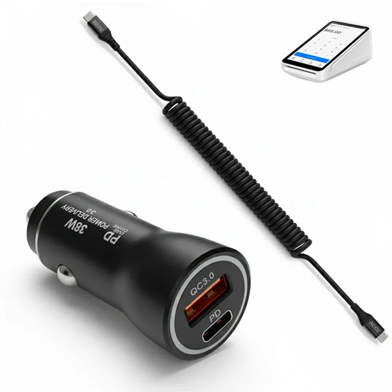38W Fast Car Charger and USB-C Coiled Cable for Square POS Device