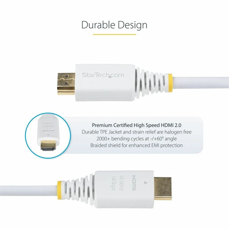 Câble HDMI haute vitesse certifié premium StarTech.com de 1.8 m (6 pi), 4K 60 Hz/1440p 144 Hz, 18 Gbit/s, UHD HDMI 2.0, gaine TPE, blanc (HDMI2-CABLE-4K60-6FW)