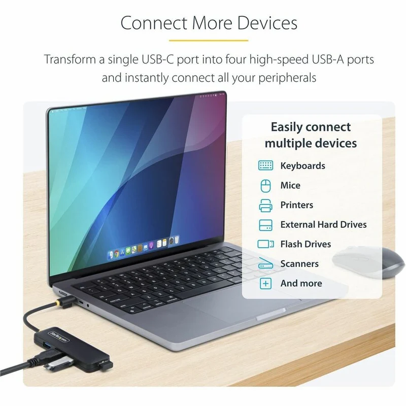 Hub USB-C 4 ports StarTech.com, 5 Gbit/s, USB-C vers 4 ports USB-A, auto-alimenté, mini hub de voyage compact, hub d'extension USB 3.0, portable H5C4A-USB-HUB