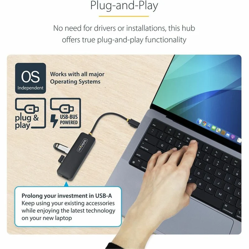 Hub USB-C 4 ports StarTech.com, 5 Gbit/s, USB-C vers 4 ports USB-A, auto-alimenté, mini hub de voyage compact, hub d'extension USB 3.0, portable H5C4A-USB-HUB