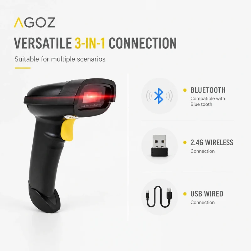 AGOZ D280 Wireless 2D Barcode Scanner with Stand, Bluetooth 2.4G USB Wired