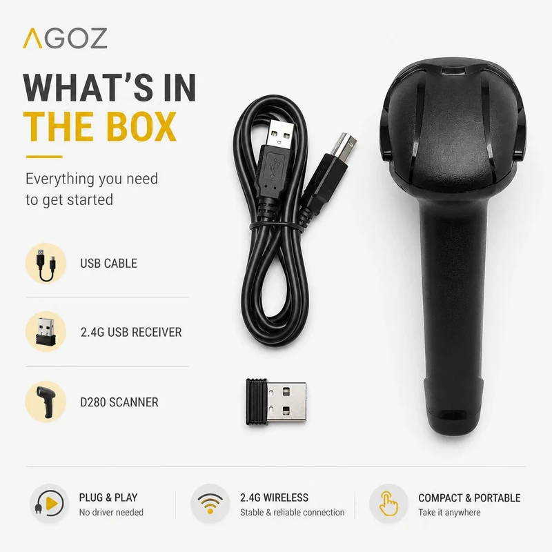 AGOZ D280 Wireless 2D Barcode Scanner with Stand, Bluetooth 2.4G USB Wired