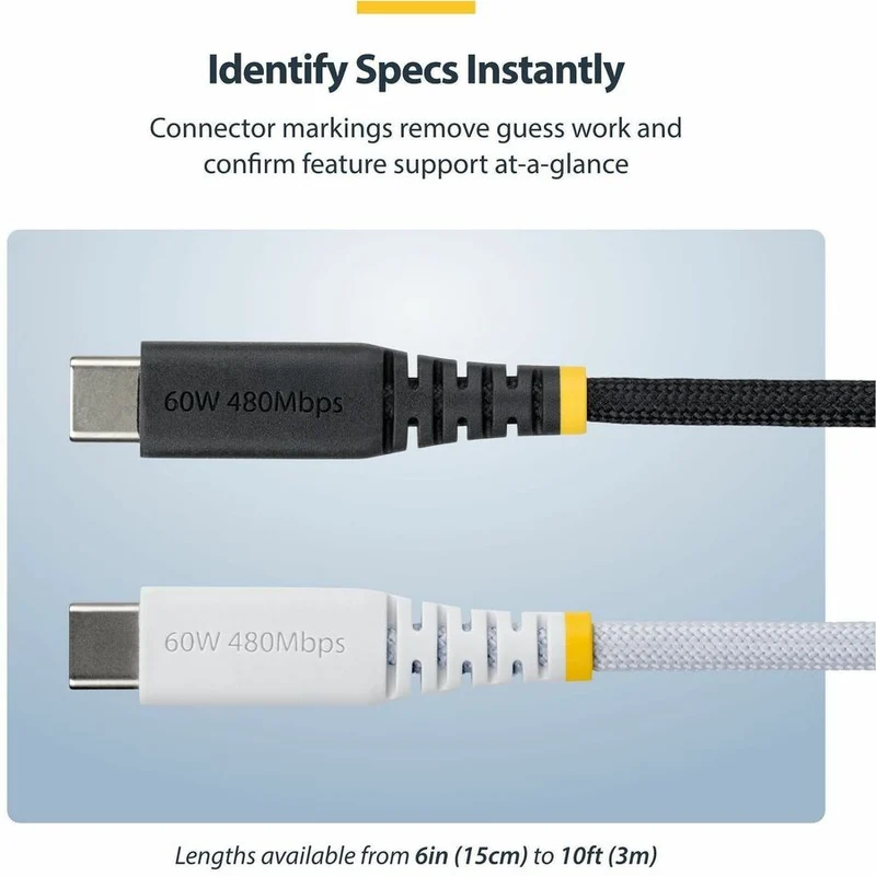 Câble de charge USB-C StarTech.com de 15 cm (6 po), 60 W (3 A) PD, gaine tressée double couche en nylon/TPE, câble de charge robuste USB 2.0 pour ordinateur portable USB2CC6INCHNCBR