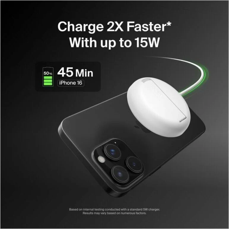 Chargeur sans fil magnétique Belkin 15 W avec Qi2 pour iPhone et AirPods - Charge rapide - Chargeur portable - Blanc WIA011ttWH