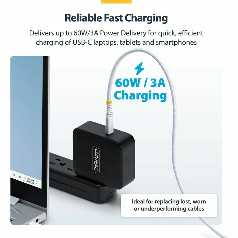 Lot de 5 câbles de charge USB-C blancs StarTech.com de 91 cm (3 pi), 60 W (3 A) PD, gaine tressée double couche en nylon/TPE, câble de charge USB-C robuste USB2CC3FNCBRWH5PK