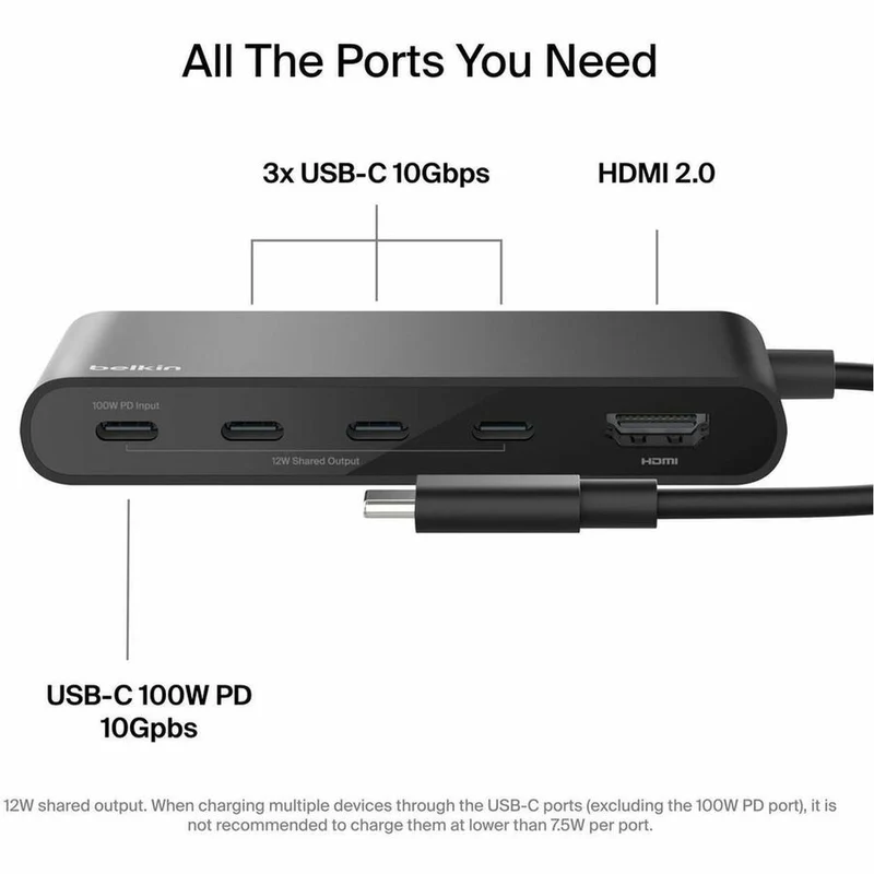 Hub USB-C Belkin 5 ports - 4 ports USB-C, 1 port HDMI 4K - 10 Gbit/s - 100 W - Station d'accueil - Noir AVC021FQBK