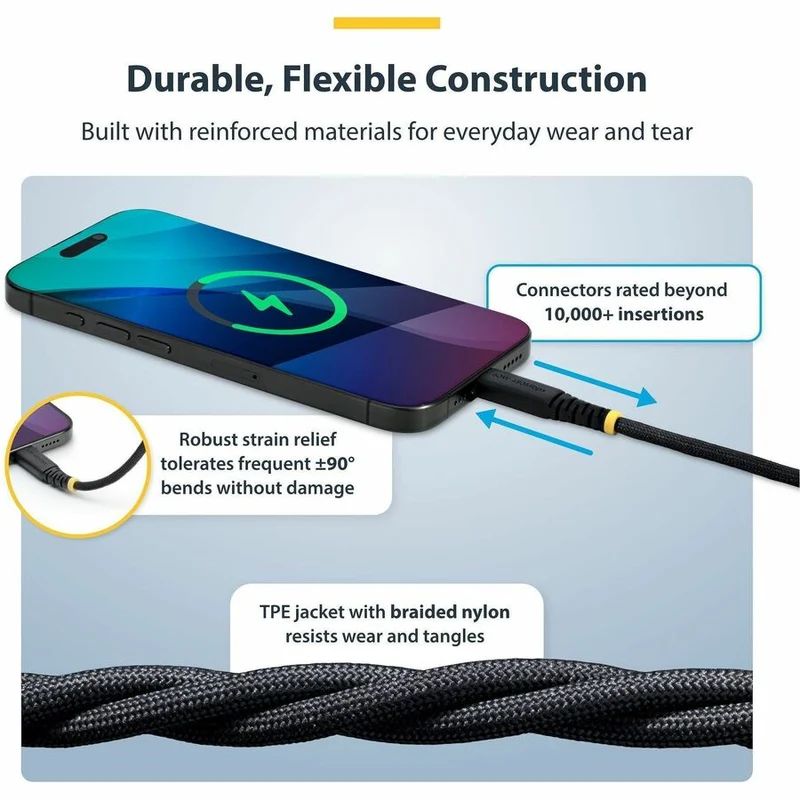 Câble de charge USB-C StarTech.com de 1.8 m (6 pi), 60 W (3 A) PD, gaine tressée double couche en nylon/TPE, câble de charge robuste USB 2.0 pour ordinateur portable USB2CC6FNCBR