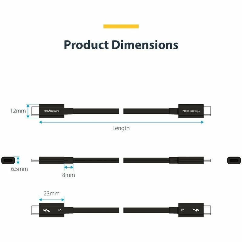 Câble Thunderbolt 5 StarTech.com de 50 cm (1.5 pi), 80 Gbit/s/120 Gbit/s, 240 W PD, 8K 60 Hz, certifié Thunderbolt, compatible avec TB4/USB-C TBLT5MM50CM240W