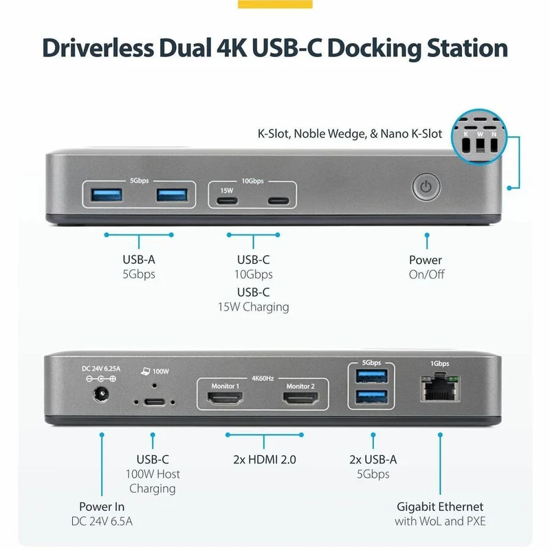 Station d'accueil StarTech double écran USB-C, HDMI, 4K 60 Hz, charge rapide pour ordinateur portable 100 W, 1 GbE, sans pilote, station d'accueil multi-écrans 196N-USBC-DOCK