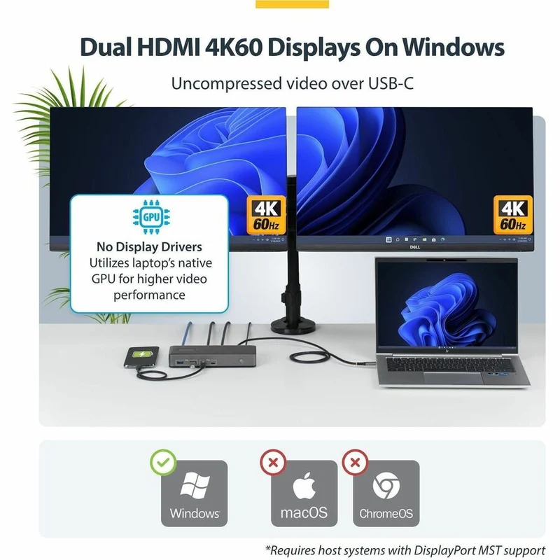 Station d'accueil StarTech double écran USB-C, HDMI, 4K 60 Hz, charge rapide pour ordinateur portable 100 W, 1 GbE, sans pilote, station d'accueil multi-écrans 196N-USBC-DOCK