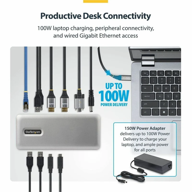 Station d'accueil StarTech double écran USB-C, HDMI, 4K 60 Hz, charge rapide pour ordinateur portable 100 W, 1 GbE, sans pilote, station d'accueil multi-écrans 196N-USBC-DOCK
