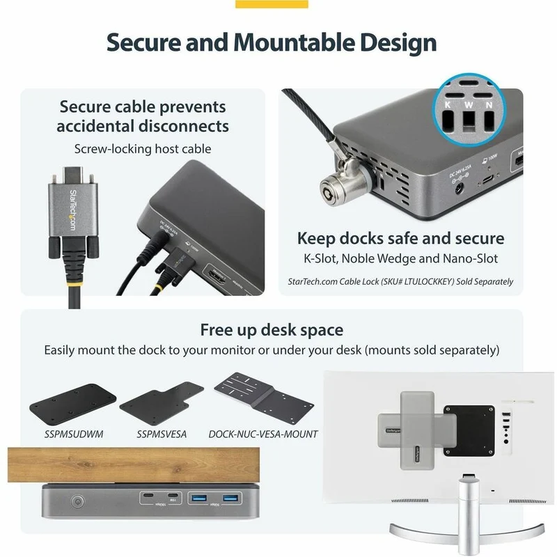Station d'accueil StarTech double écran USB-C, HDMI, 4K 60 Hz, charge rapide pour ordinateur portable 100 W, 1 GbE, sans pilote, station d'accueil multi-écrans 196N-USBC-DOCK