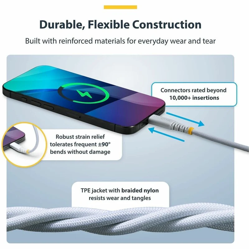 Câble de charge USB-C blanc StarTech.com de 30 cm (1 pi), 60 W (3 A) PD, gaine tressée double couche en nylon/TPE, câble de charge robuste USB 2.0 pour ordinateur portable USB2CC1FTNCBRWH