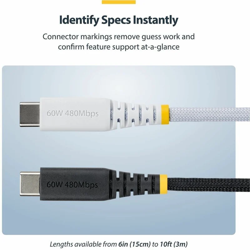 Câble de charge USB-C blanc StarTech.com de 3 m (10 pi), 60 W (3 A) PD, gaine tressée double couche en nylon/TPE, câble de charge robuste USB 2.0 pour ordinateur portable USB2CC10FNCBRWH