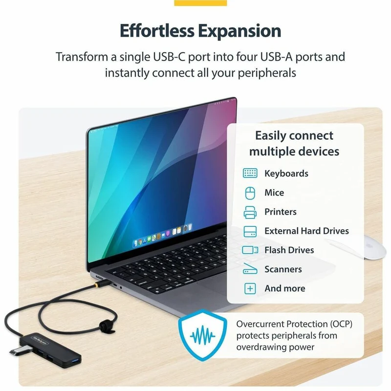 Hub USB-C 4 ports StarTech.com, 5 Gbit/s, auto-alimenté, convertisseur USB-C vers 4 mini-hubs USB-A, câble hôte extra long de 61 cm (2 pi), boîtier en plastique PCR à 70 % H5C4A-USB-HUB-2