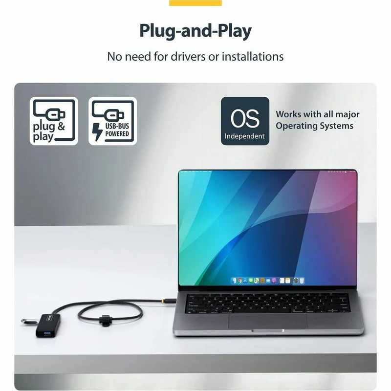 Hub USB-C 4 ports StarTech.com, 5 Gbit/s, auto-alimenté, convertisseur USB-C vers 4 mini-hubs USB-A, câble hôte extra long de 61 cm (2 pi), boîtier en plastique PCR à 70 % H5C4A-USB-HUB-2