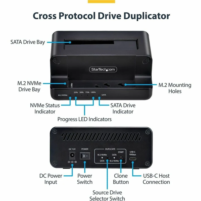 Duplicateur de disques M.2 NVMe vers SATA 2.5/3.5" StarTech.com, station d'accueil/cloneur autonome à double baie, conversion bidirectionnelle NVMe vers SATA/SATA vers NVMe, TAA N2-M2-SSD-DUPLICATOR