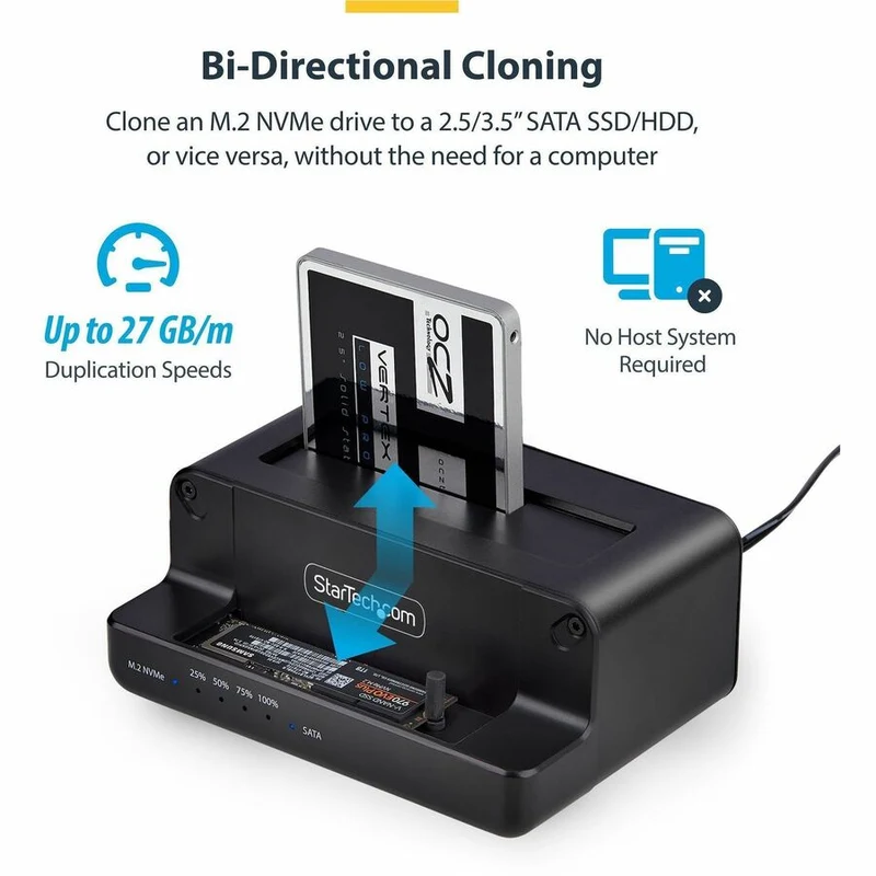 Duplicateur de disques M.2 NVMe vers SATA 2.5/3.5" StarTech.com, station d'accueil/cloneur autonome à double baie, conversion bidirectionnelle NVMe vers SATA/SATA vers NVMe, TAA N2-M2-SSD-DUPLICATOR