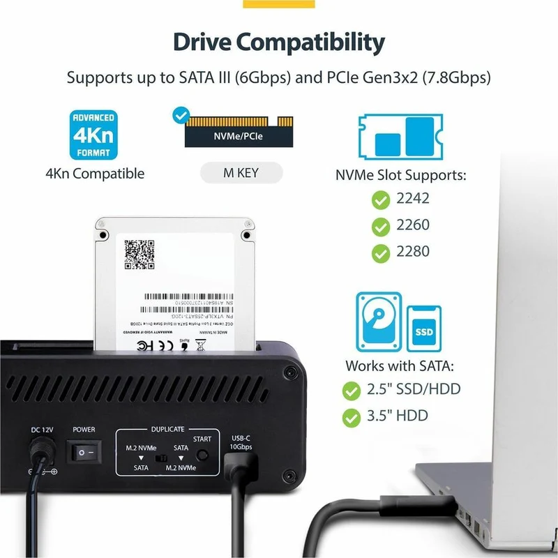Duplicateur de disques M.2 NVMe vers SATA 2.5/3.5" StarTech.com, station d'accueil/cloneur autonome à double baie, conversion bidirectionnelle NVMe vers SATA/SATA vers NVMe, TAA N2-M2-SSD-DUPLICATOR