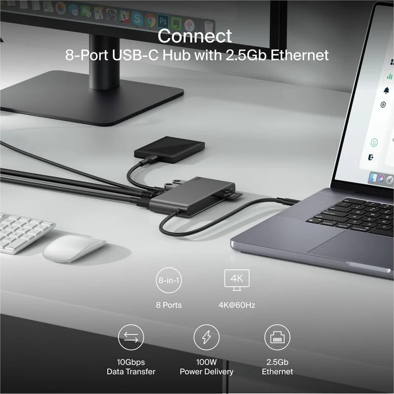 Hub USB-C Belkin 8 ports - 2 ports USB-A, 2 ports USB-C, 1 port HDMI, 1 port Ethernet, 1 lecteur de carte SD, 1 lecteur de carte microSD - Gris INC024fqSGY