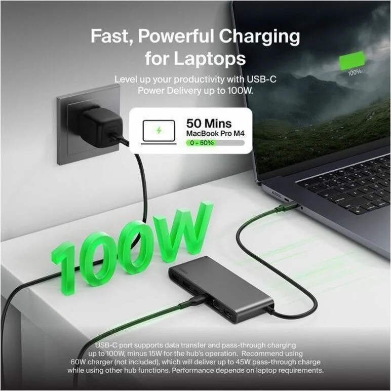 Hub USB-C Belkin 8 ports - 2 ports USB-A, 2 ports USB-C, 1 port HDMI, 1 port Ethernet, 1 lecteur de carte SD, 1 lecteur de carte microSD - Gris INC024fqSGY