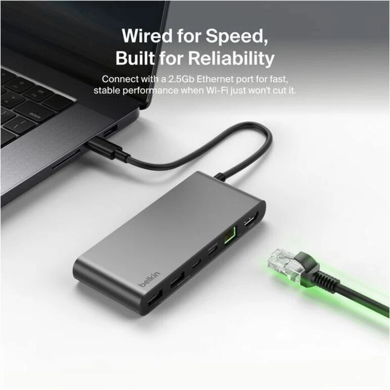 Hub USB-C Belkin 8 ports - 2 ports USB-A, 2 ports USB-C, 1 port HDMI, 1 port Ethernet, 1 lecteur de carte SD, 1 lecteur de carte microSD - Gris INC024fqSGY